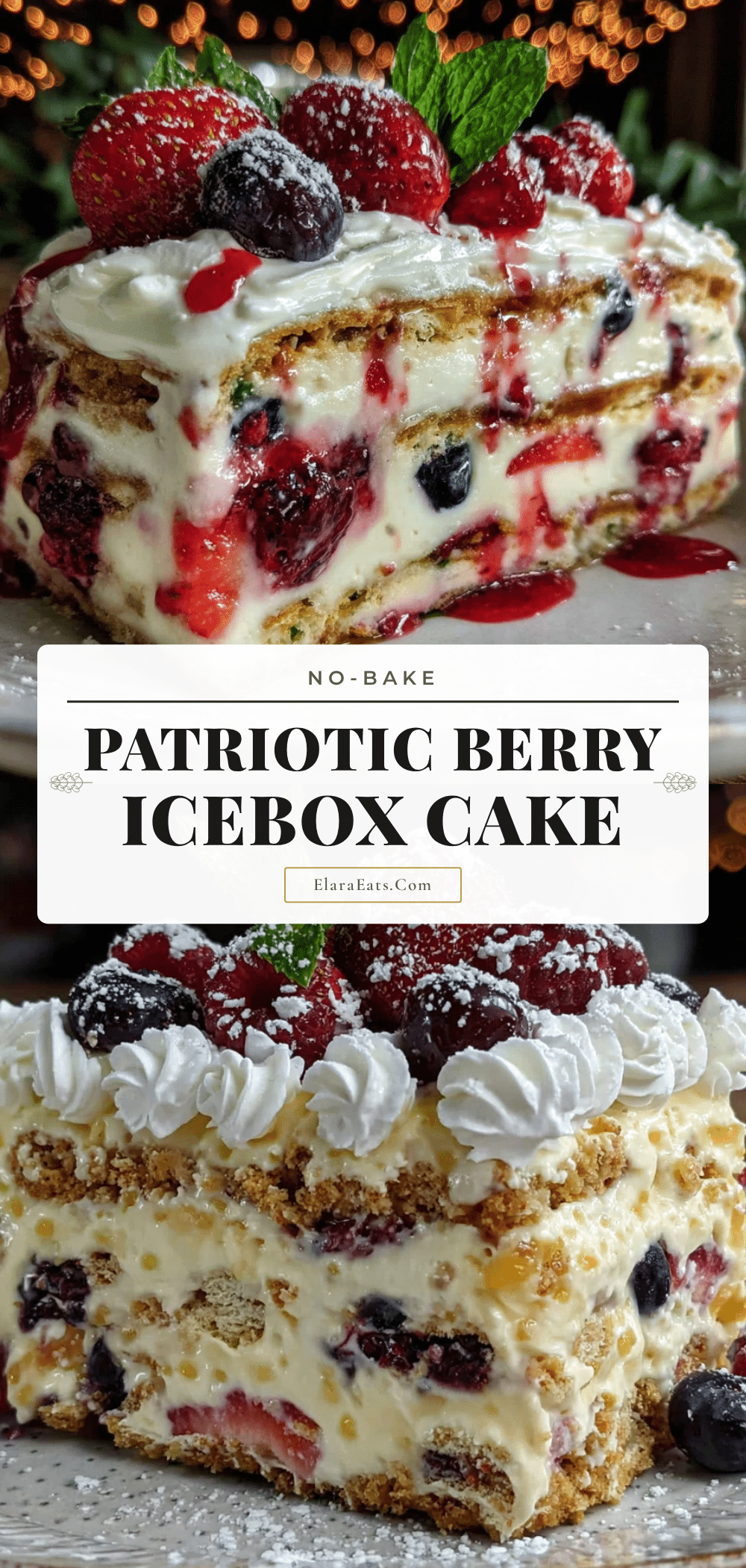 Easy No-Bake Red White and Blue Berry Icebox Cake recipe